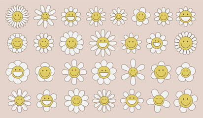 Set of funny happy daisy faces with eyes and smile. Groovy flower cute cartoon colorful characters. Sticker pack in trendy retro trippy style. Hippie 60s, 70s style. Isolated vector illustration