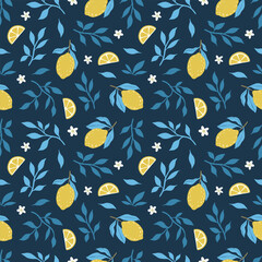Hand drawn colorful seamless pattern of hand drawn lemons leaves and lemon flowers. Citrus fruit background. Perfect for textile manufacturing wallpaper posters etc. Vector illustration	