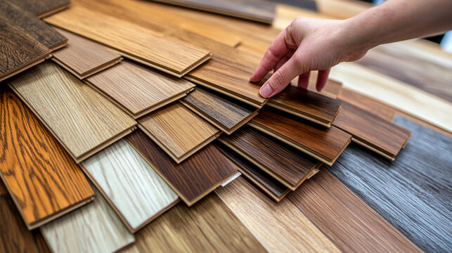 Customer’s hands choosing hardwood and laminate flooring samples in a store. A bright, minimal setting highlighting textures, tones, and personal selection in home design and renovation.

