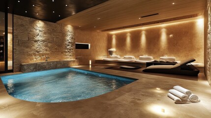 Tranquil Wellness Oasis, Luxurious Spa Interior with Pool and Relaxation Beds
