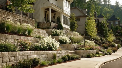 Sloped front yard with terrace-style landscaping using retaining walls and layered garden beds