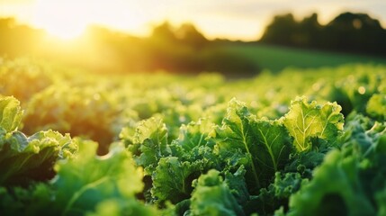 Vibrant green field of leafy vegetables bathed in the golden morning sunlight