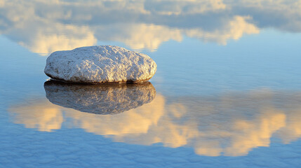 Minimalist serene landscape featuring a single white rock reflected in calm, still water. Soft natural tones with subtle ripples, evoking tranquility, simplicity, and peaceful nature.

