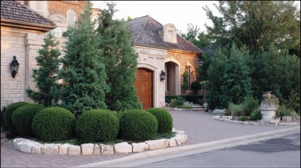 Fototapeta premium Small front yard with paved entry, evergreen bushes, and decorative stone border