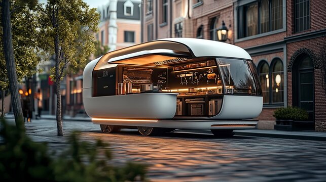 Modern coffee shop on wheels in a European city street