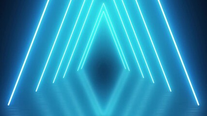 abstract neon background, flying forward through triangular corridor, tunnel, appearing glowing pink blue shapes. Neon glowing triangle tunnel with light lines . - Powered by Adobe