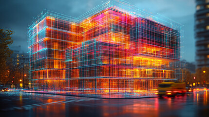 Digital twin simulation of a construction site with 3D building models, visible software interface, data tools, and active machinery—symbolizing smart building, precision, and project management.

