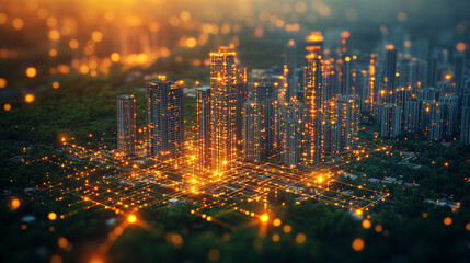 Digital twin simulation of a construction site with 3D building models, visible software interface, data tools, and active machinery—symbolizing smart building, precision, and project management.

