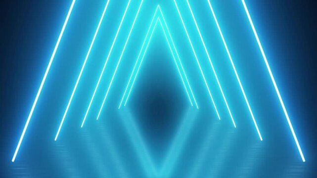 abstract neon background, flying forward through triangular corridor, tunnel, appearing glowing pink blue shapes. Neon glowing triangle tunnel with light lines .