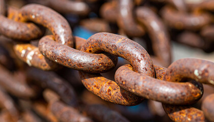 Fototapeta premium Rusting Chain: A macro shot highlighting the intricate details of a weathered, rusty chain, its links interlocked. An evocative portrayal of resilience, age, and the passage of time.