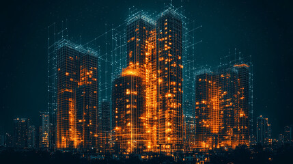 Digital twin simulation of a construction site with 3D building models, visible software interface, data tools, and active machinery—symbolizing smart building, precision, and project management.

