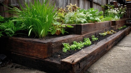 Terraced garden beds edged with railroad ties filled with vegetables and herbs in a rustic yard