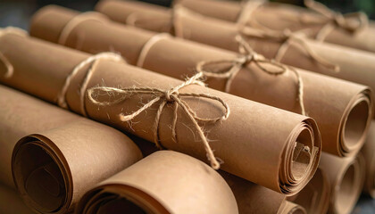 Vintage Scrolls: A collection of aged, parchment scrolls, meticulously tied with twine, evokes a sense of history, education, and timeless knowledge.