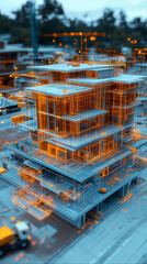 Digital twin simulation of a construction site with 3D building models, visible software interface, data tools, and active machinery—symbolizing smart building, precision, and project management.

