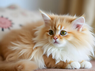 Fototapeta premium Cute Cream-Colored Kitten with Blue Eyes Sitting in a Box on Neutral Background