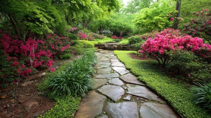 Obraz premium Weathered stone path surrounded by lush green borders and bright flowering shrubs
