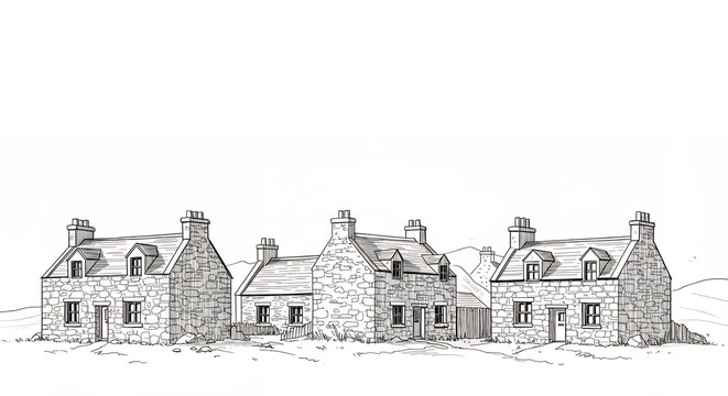 Grey scale architectural drawing of three stone houses