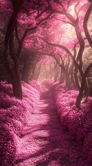 A mystical forest path lined with glowing pink flowers and soft ambient light—symbolizing wonder, magic, serenity, and the dreamy allure of a fantasy nature realm.
