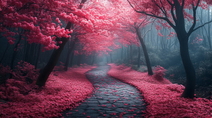 A mystical forest path lined with glowing pink flowers and soft ambient light—symbolizing wonder, magic, serenity, and the dreamy allure of a fantasy nature realm.
