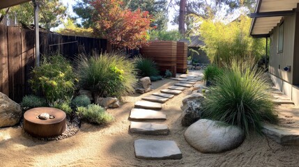 Obraz premium Zen-style garden path with clean lines and raked gravel in a minimalist front yard