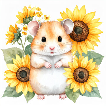 Cute animal and sunflower watercolor illustration_Hamster