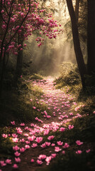 A mystical forest path lined with glowing pink flowers and soft ambient light—symbolizing wonder, magic, serenity, and the dreamy allure of a fantasy nature realm.
