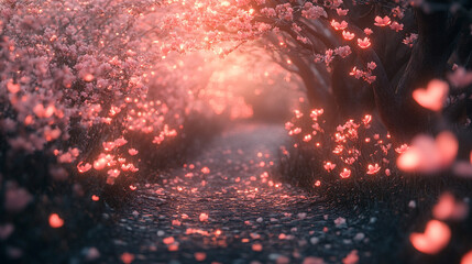 A mystical forest path lined with glowing pink flowers and soft ambient light—symbolizing wonder, magic, serenity, and the dreamy allure of a fantasy nature realm.
