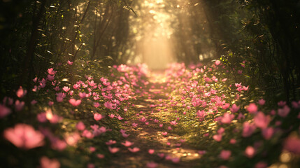 A mystical forest path lined with glowing pink flowers and soft ambient light—symbolizing wonder, magic, serenity, and the dreamy allure of a fantasy nature realm.
