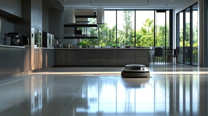 Autonomous cleaning solution in a modern minimalist kitchen setting