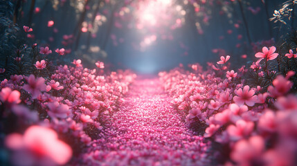 A mystical forest path lined with glowing pink flowers and soft ambient light—symbolizing wonder, magic, serenity, and the dreamy allure of a fantasy nature realm.
