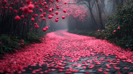 A mystical forest path lined with glowing pink flowers and soft ambient light—symbolizing wonder, magic, serenity, and the dreamy allure of a fantasy nature realm.
