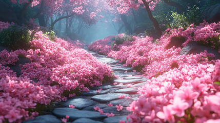 A mystical forest path lined with glowing pink flowers and soft ambient light—symbolizing wonder, magic, serenity, and the dreamy allure of a fantasy nature realm.
