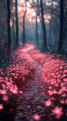 A mystical forest path lined with glowing pink flowers and soft ambient light—symbolizing wonder, magic, serenity, and the dreamy allure of a fantasy nature realm.
