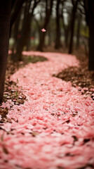 A mystical forest path lined with glowing pink flowers and soft ambient light—symbolizing wonder, magic, serenity, and the dreamy allure of a fantasy nature realm.
