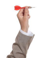 Targeting. Woman with dart on white background, closeup
