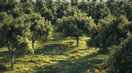Lush orange grove basking in sunlight, displaying a bountiful harvest