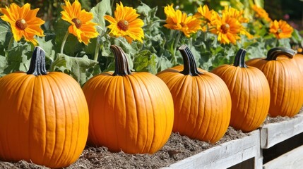 A row of vibrant pumpkins and sunflowers evokes the warmth of autumn