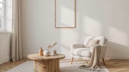 Serene Minimalist Living Room Interior Design with Armchair and Wooden Coffee Table