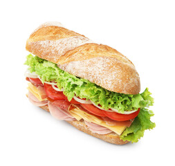 Tasty baguette sandwich with ham and vegetables isolated on white