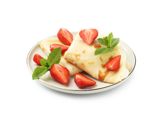 Tasty crepes with cream, strawberries and mint isolated on white