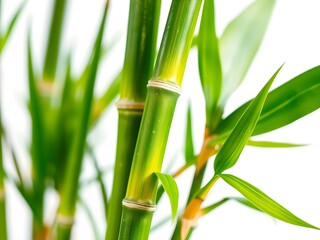 Fototapeta premium Detailed close-up of green bamboo stalks and fresh leaves with brownish nodes, illuminated by soft light and set against a bright white blurred background – ideal for natural themes
