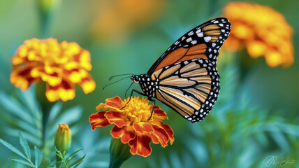 Fototapeta premium A close-up macro photograph of a monarch butterfly perched on an orange marigold flowe.