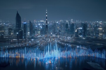 Fototapeta premium Urban skyline with abstract light patterns and digital effects.