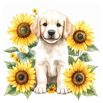 Cute animal and sunflower watercolor illustration_Labrador