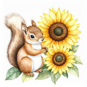 Cute animal and sunflower watercolor illustration_Squirrel