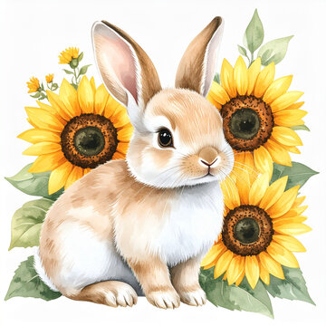 Cute animal and sunflower watercolor illustration_Rabbit