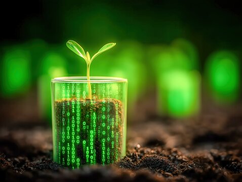 Digital plant growing in a glass with binary code and green background.