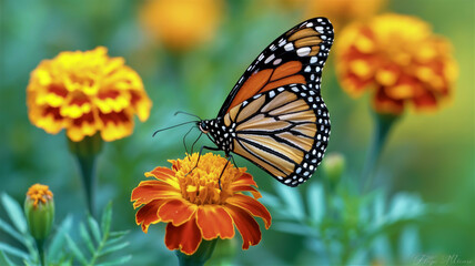 Fototapeta premium A close-up macro photograph of a monarch butterfly perched on an orange marigold flowe.