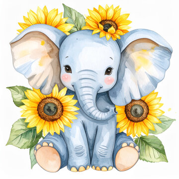 Cute animal and sunflower watercolor illustration_elephant