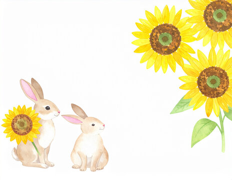 Watercolor Rabbits and Sunflowers with White Background